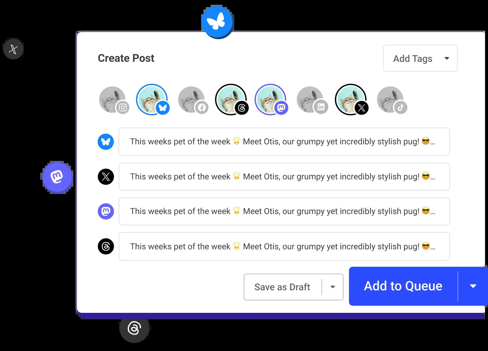 A create Bluesky post screen with options to crosspost to other social media channels by adding them to a posting queue.