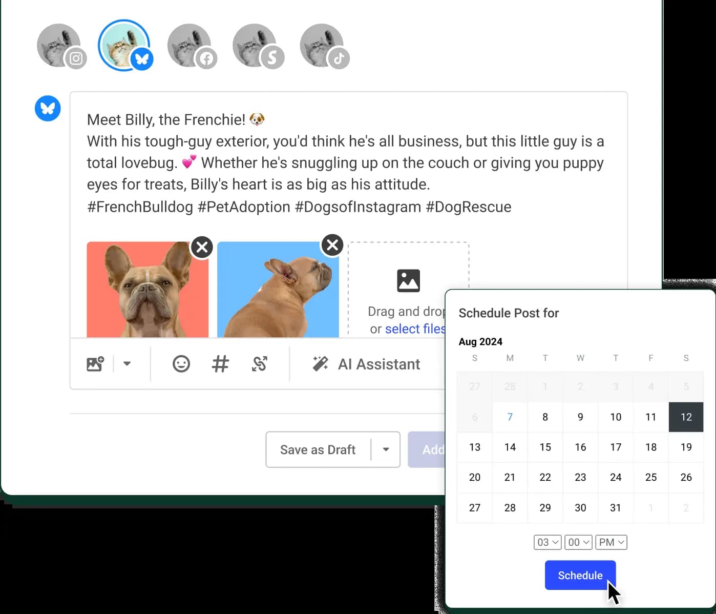 A Bluesky post create screen with text input, image attachments, and a date picker to schedule posts.