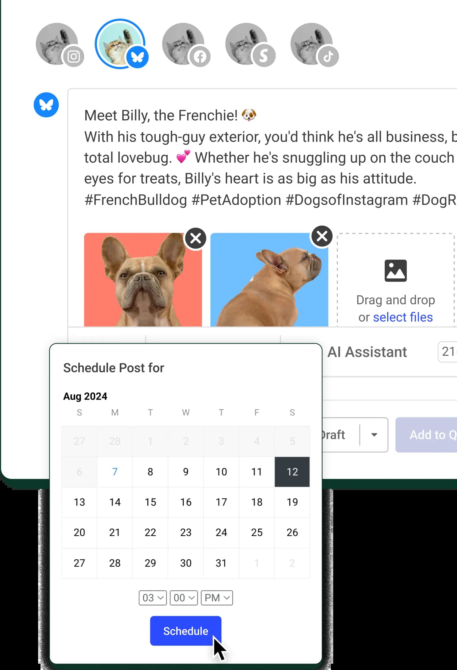 A Bluesky post create screen with text input, image attachments, and a date picker to schedule posts.