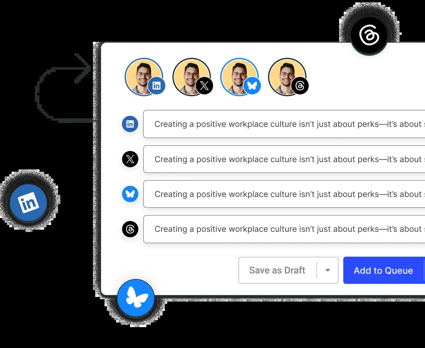 A create LinkedIn post screen with options to crosspost to other social media channels by adding them to a posting queue.