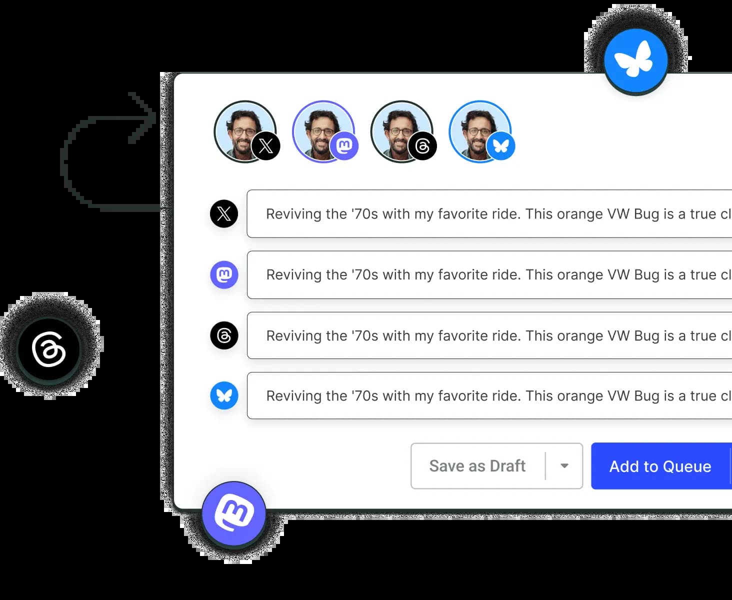 The Buffer Crosspost view with dedicated text editors for multiple social media channels, including X.