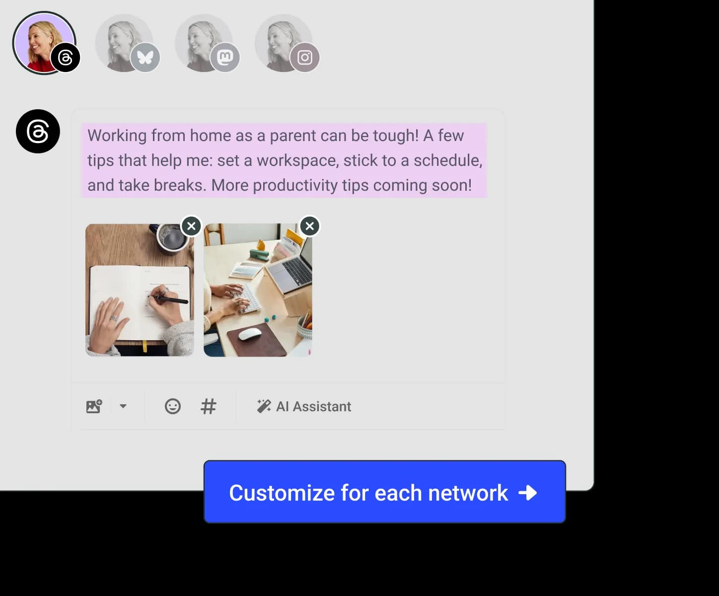 Buffer post composer with an AI Assistant option to customize the post for each social media network.