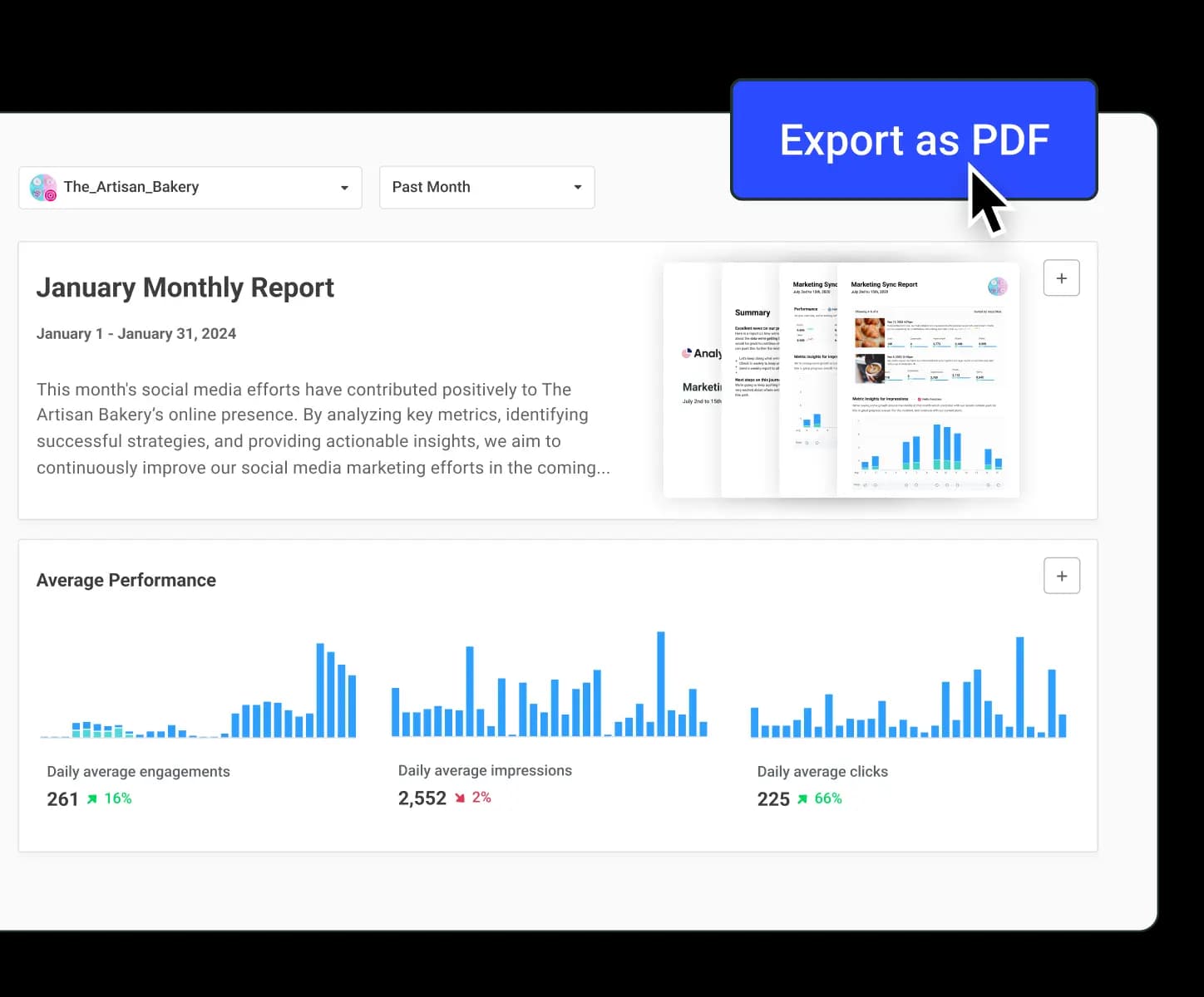 Buffer custom reports view with a monthly report, average performance for engagements, impressions, and clicks, and an option to export as PDF.