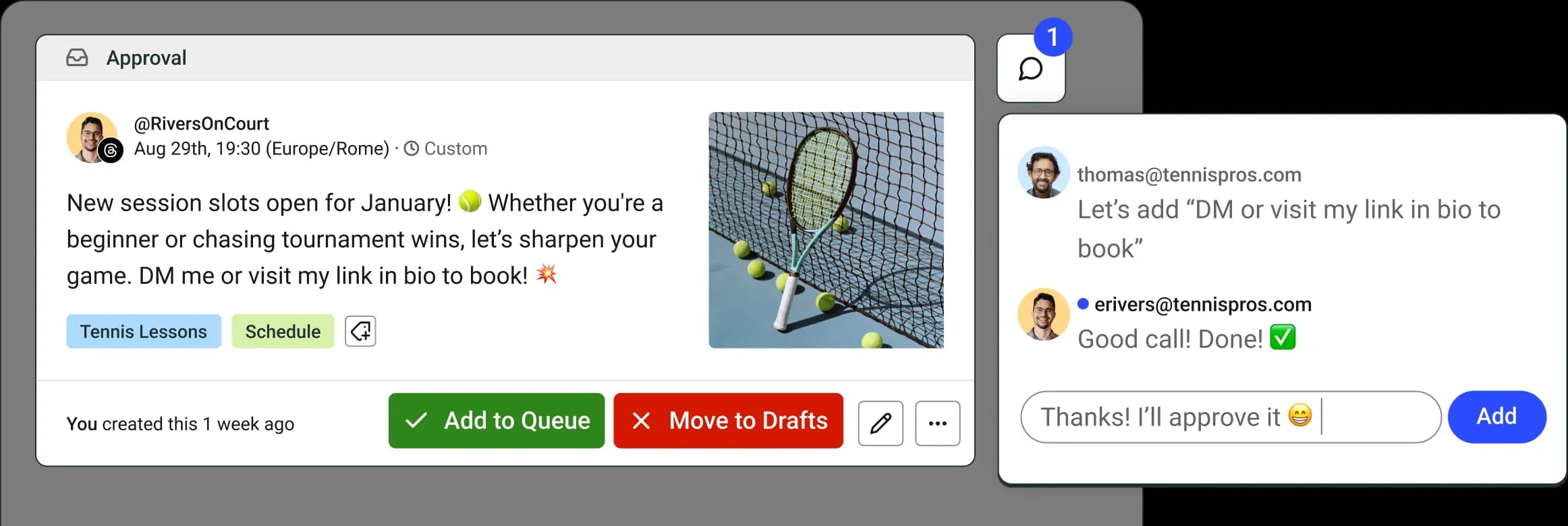 Buffer approval screen with comment threads, add to queue, move to drafts, and edit options.