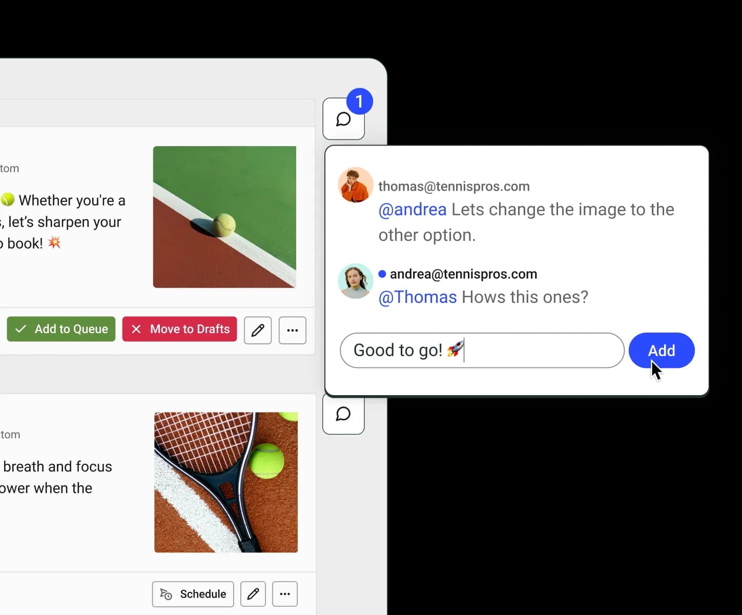 Buffer post approvals with comment threads to collaborate on improving post ideas.