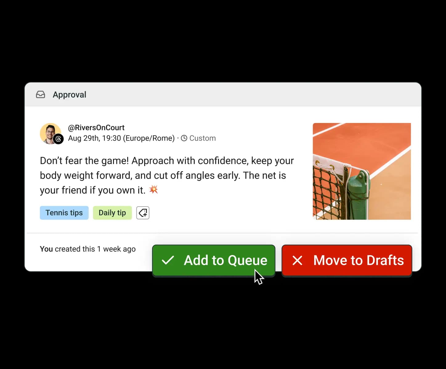 Buffer post approvals view with add to queue and move to drafts options.