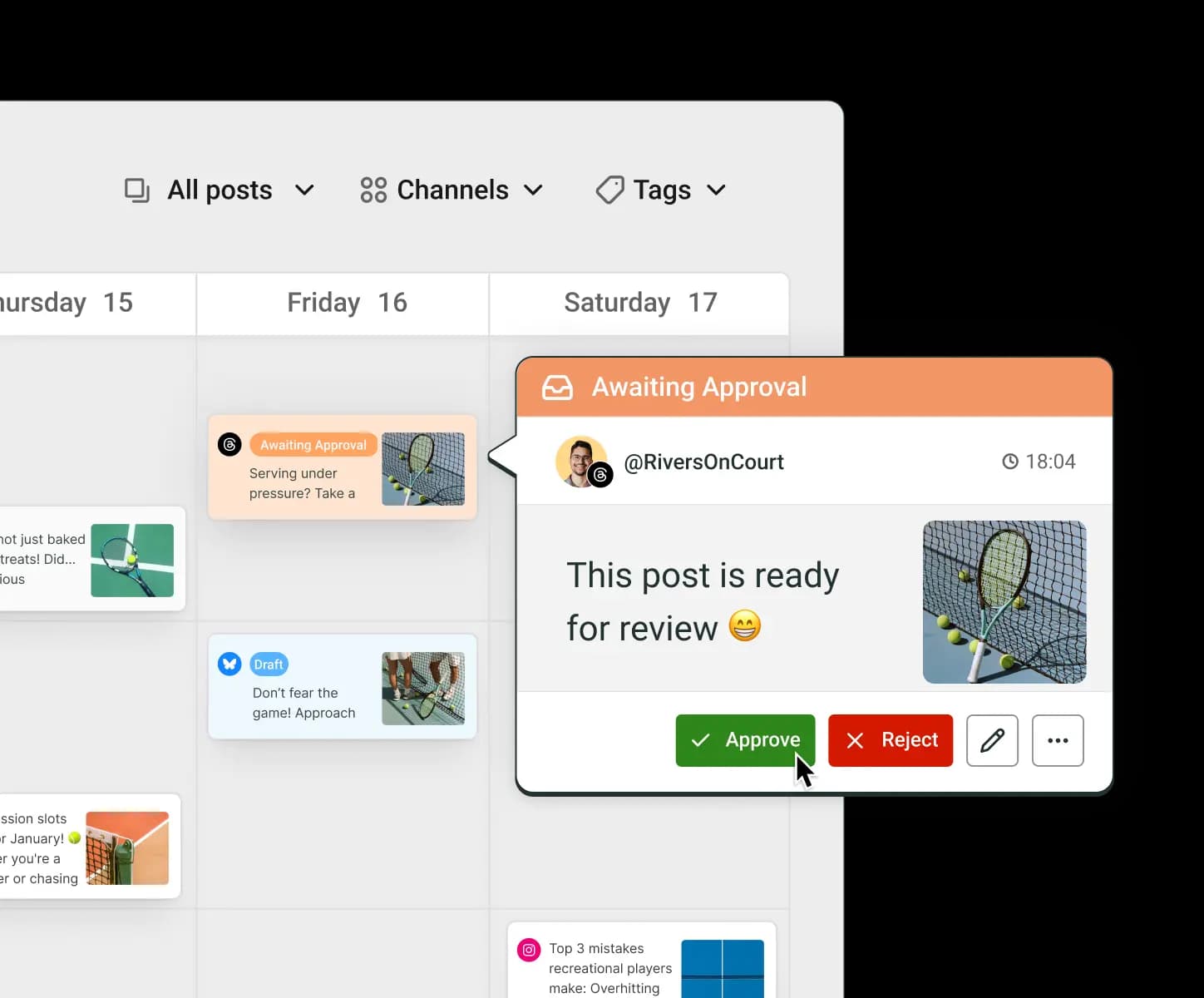 Buffer shared calendar view with upcoming posts with tags for draft and awaiting approval.