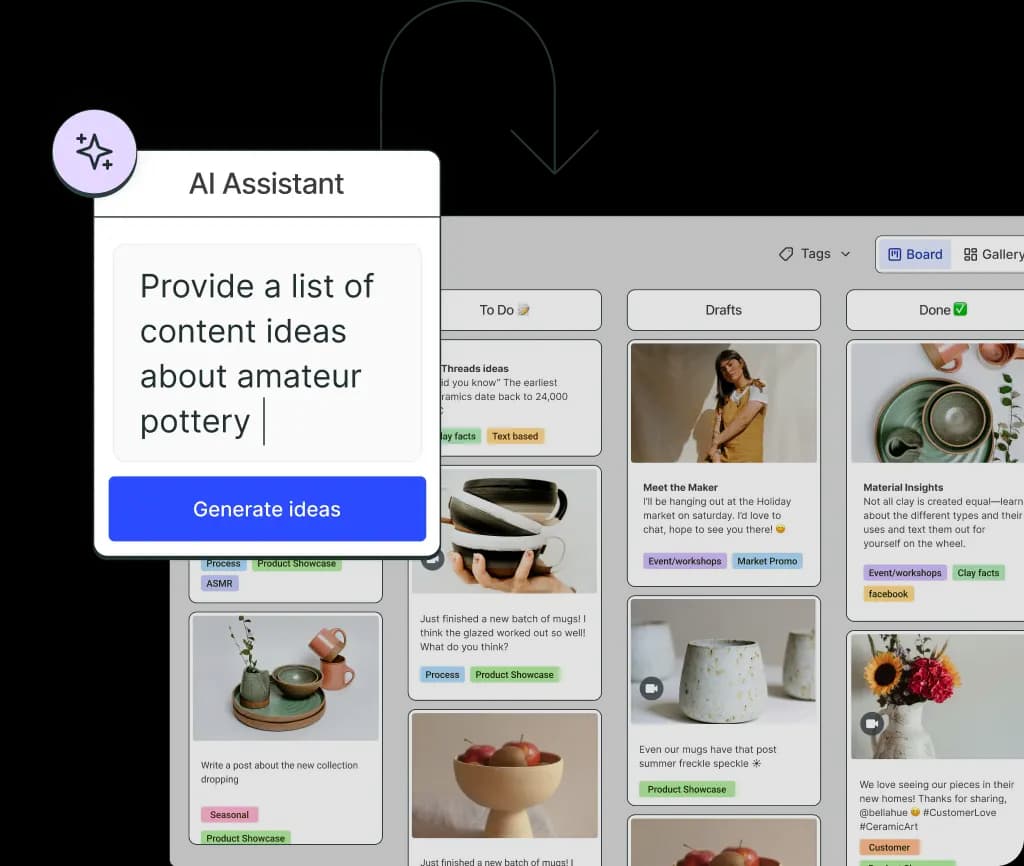 Buffer Create board with columns to organize ideas and an AI Assistant to generate ideas.